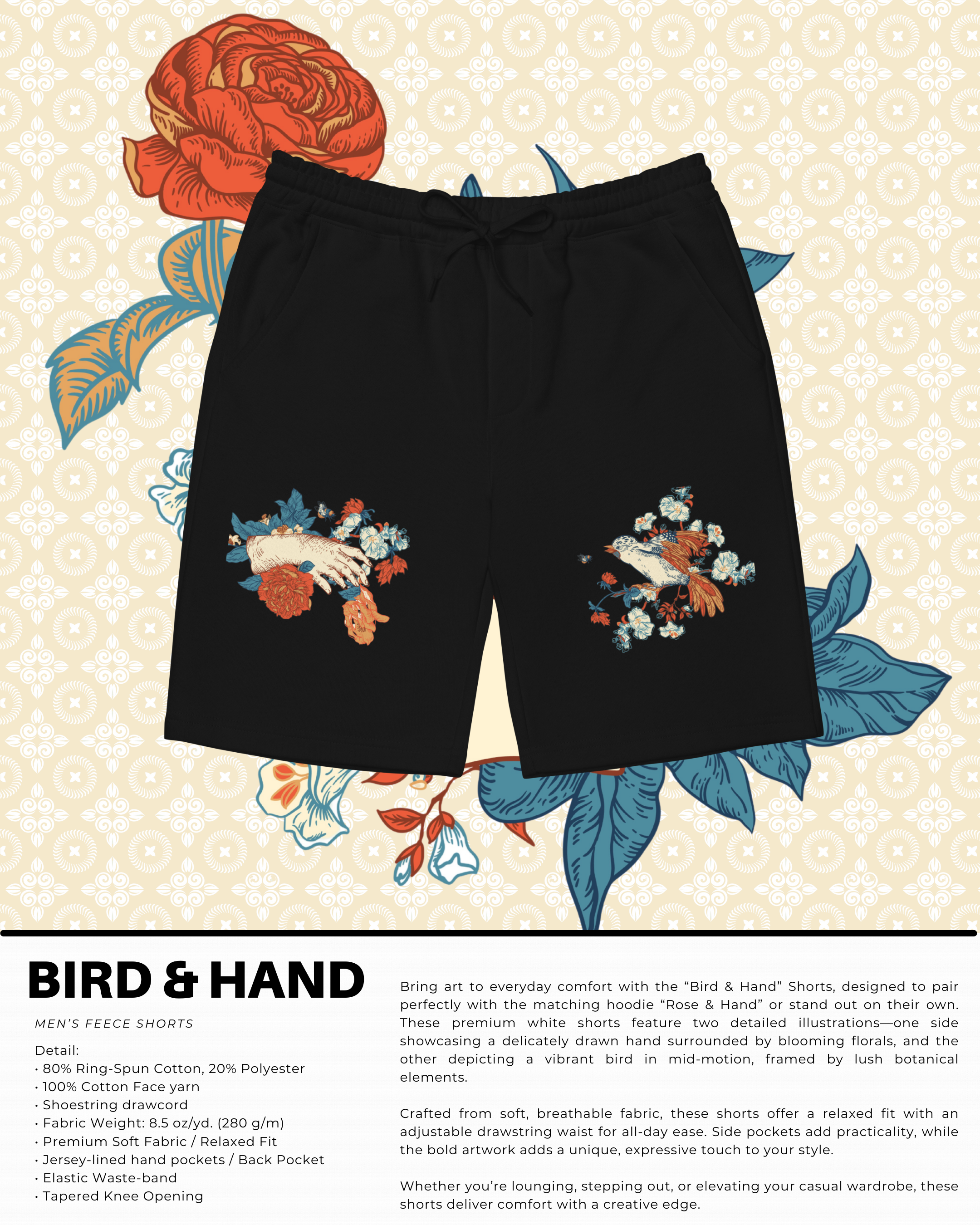 Bird & Hand Essential Black Shorts (Men)
